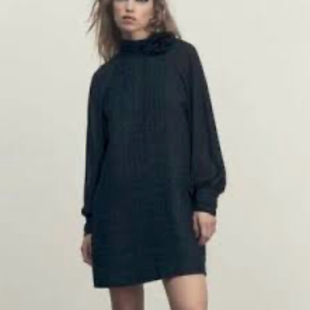 Black Zara Tweed Textured High Neck Flower Applique Puff Long Sleeve. Size XS